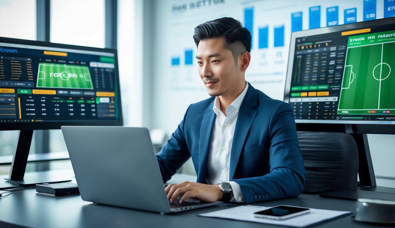 Seorang pria Asia duduk di meja dengan beberapa layar komputer yang menampilkan pertandingan sepak bola dan angka taruhan, di ruang kantor modern yang terang.