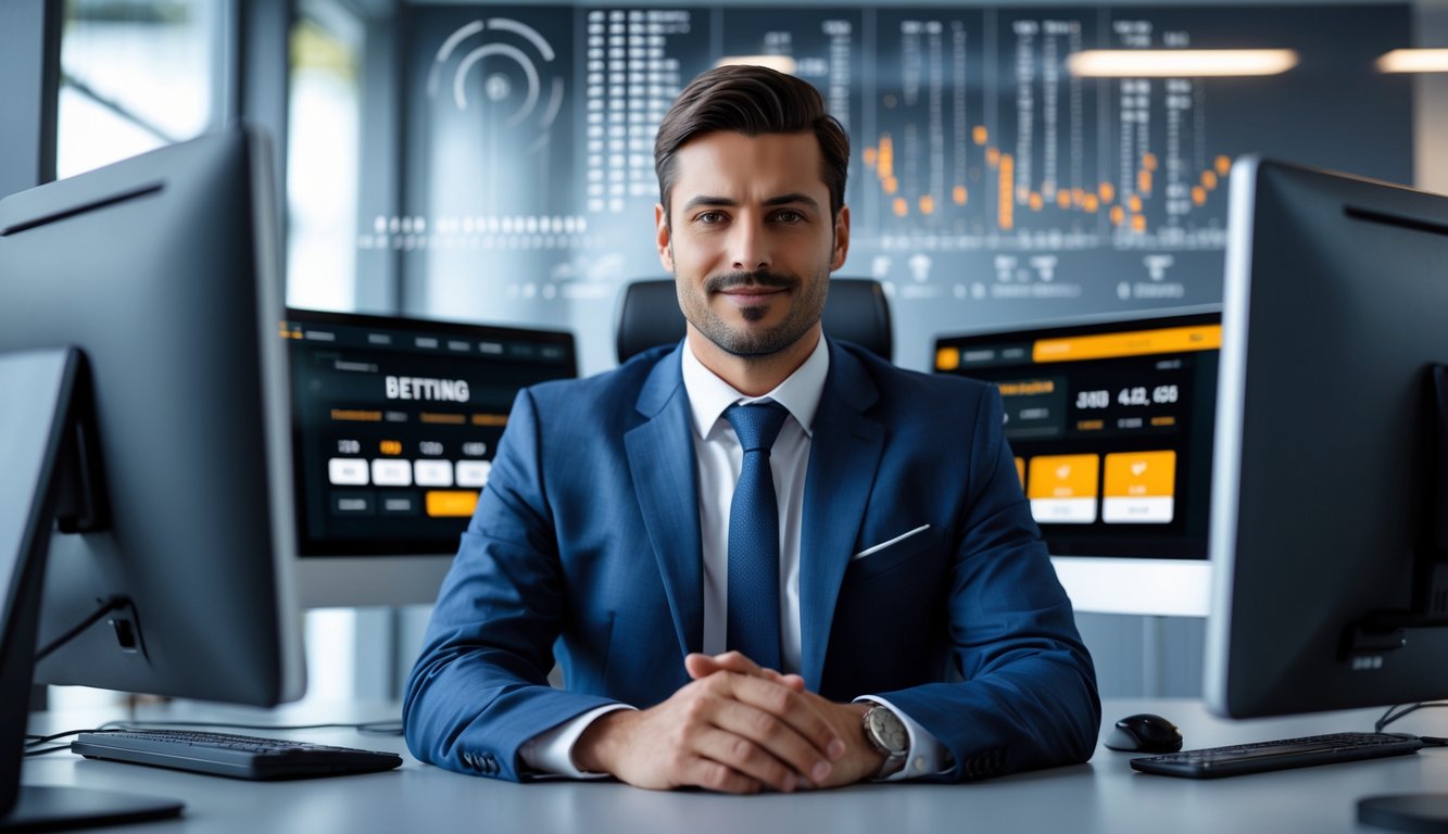 Seorang pria percaya diri duduk di meja dengan beberapa layar komputer yang menampilkan peluang taruhan bola online dan statistik.