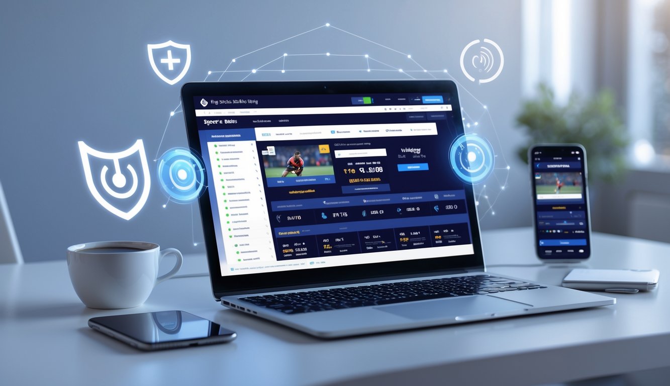 Sebuah ruang kerja modern dengan laptop dan ponsel yang menampilkan antarmuka situs taruhan olahraga online, dilengkapi dengan elemen yang menunjukkan kecepatan dan keamanan.