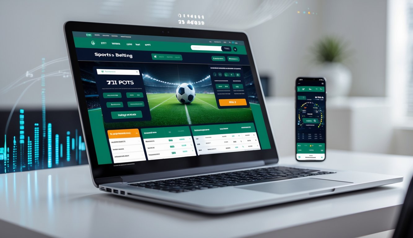 Seorang pengguna mengakses situs taruhan bola online terbaru melalui laptop dan ponsel di ruang kerja modern.