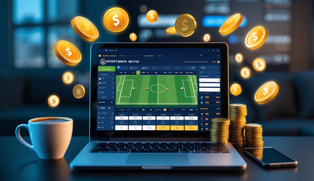 Seorang pria menggunakan laptop di meja kerja dengan tampilan pertandingan sepak bola dan simbol koin serta uang di sekitarnya.