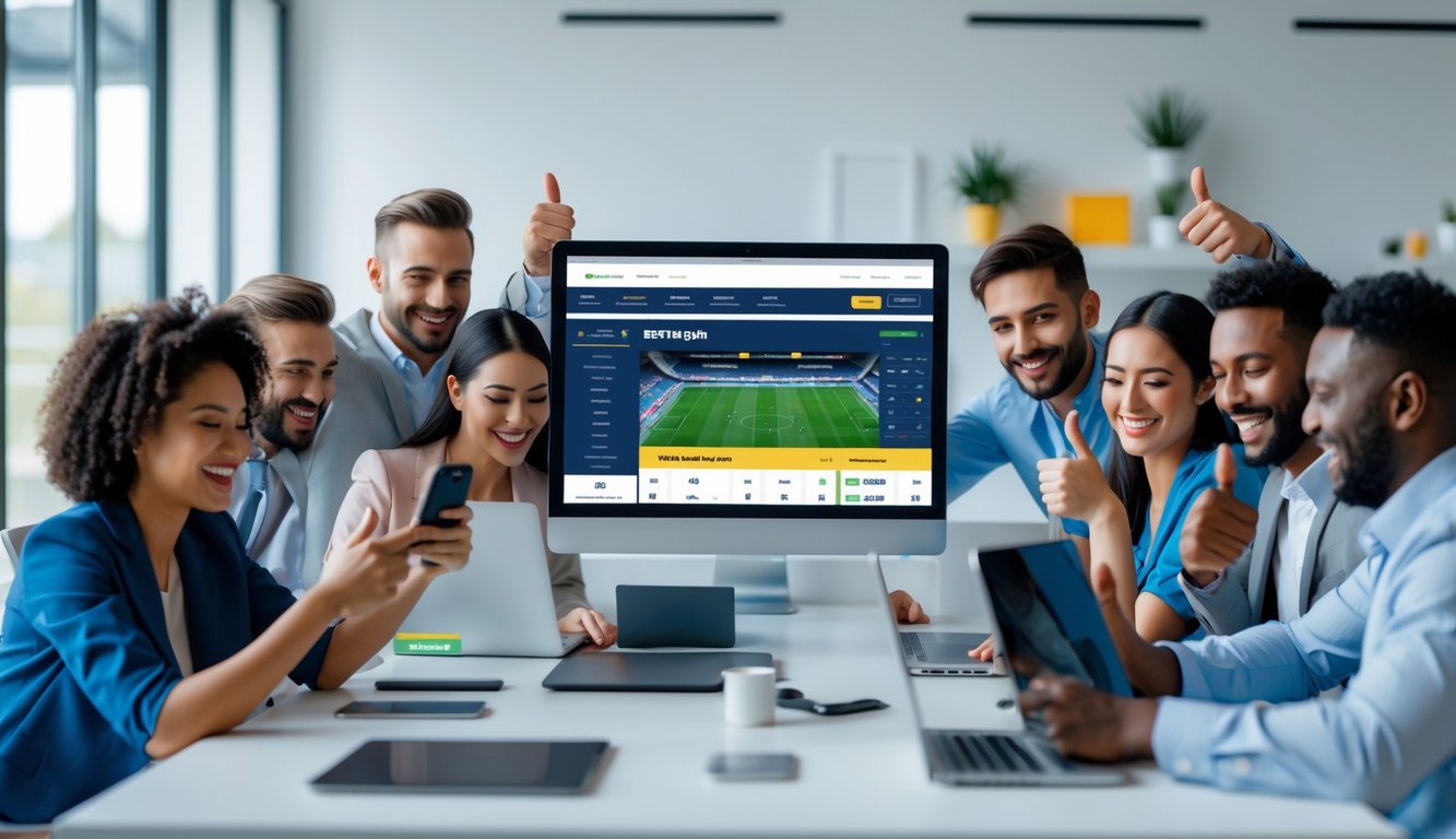 Orang-orang menggunakan laptop dan ponsel untuk memasang taruhan sepak bola secara online di ruang kerja modern.
