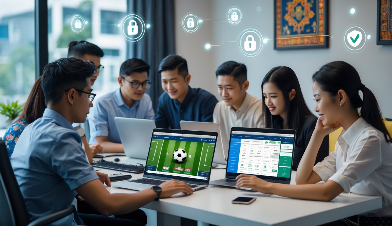 Sekelompok orang muda menggunakan laptop dan ponsel di ruang kantor modern dengan elemen budaya Indonesia, fokus pada aktivitas taruhan olahraga online yang aman dan terpercaya.