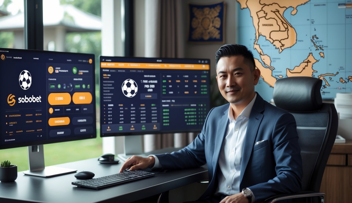 Seorang pria Indonesia duduk di depan beberapa monitor komputer yang menampilkan pertandingan sepak bola dan informasi taruhan dalam ruang kerja yang rapi dan profesional.
