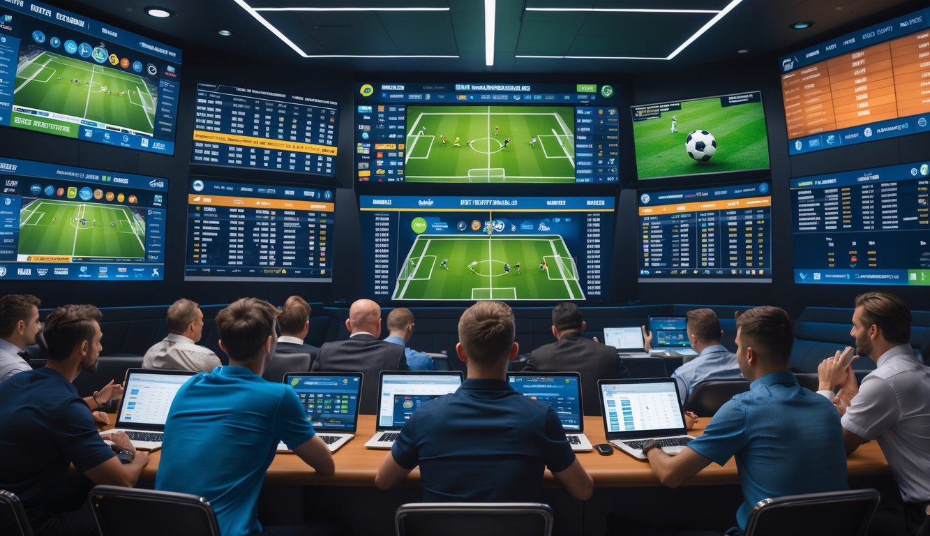 Beberapa orang menonton pertandingan sepak bola secara langsung di ruangan dengan layar besar dan memasang taruhan secara online.