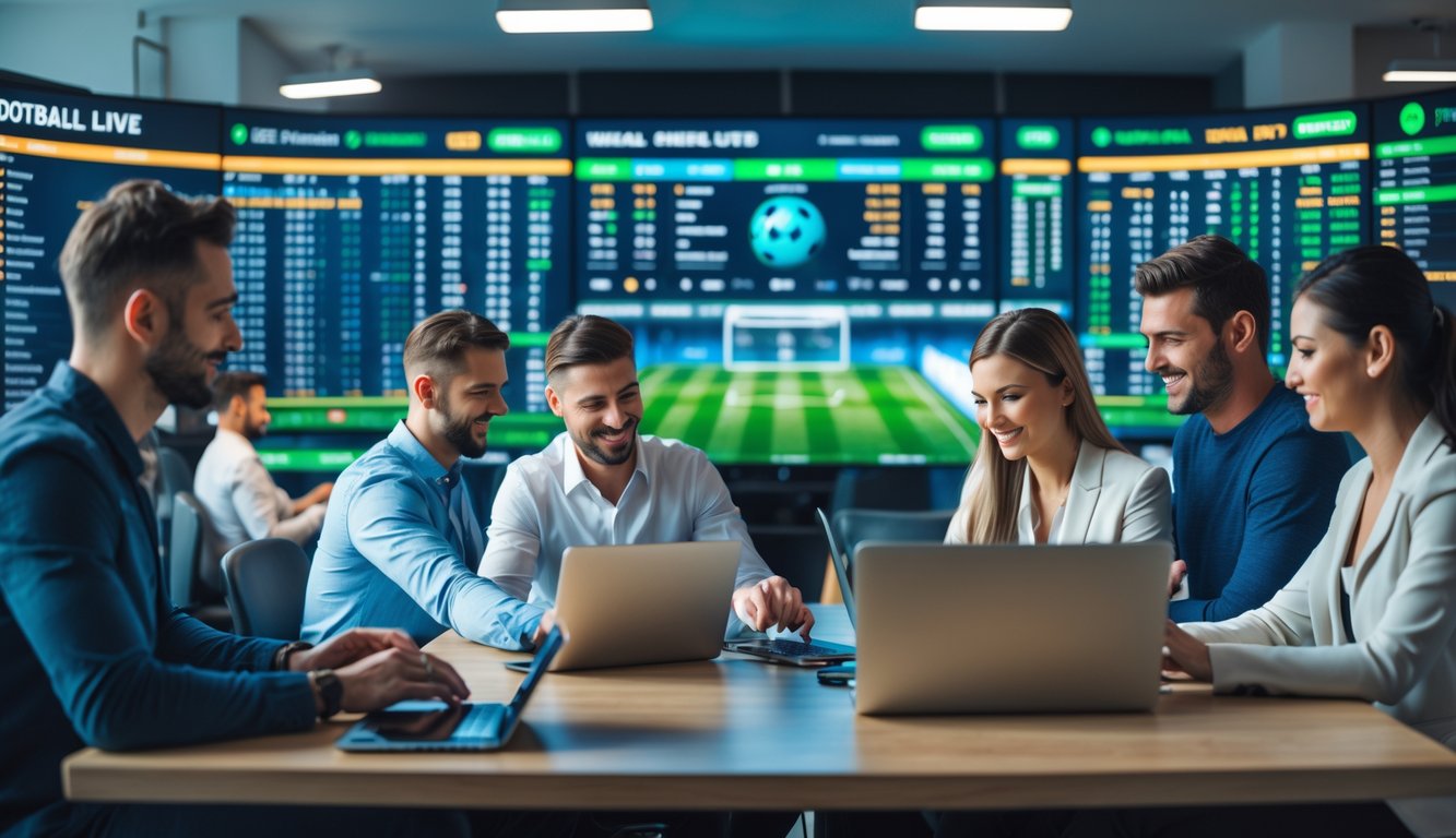 Beberapa orang menggunakan perangkat digital untuk memasang taruhan sepak bola dengan layar besar menampilkan statistik dan peluang pertandingan secara langsung.