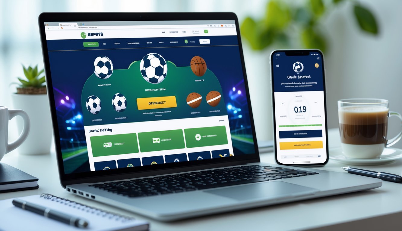 Seorang pengguna sedang melihat situs taruhan olahraga online di laptop dan smartphone di meja kerja yang rapi.