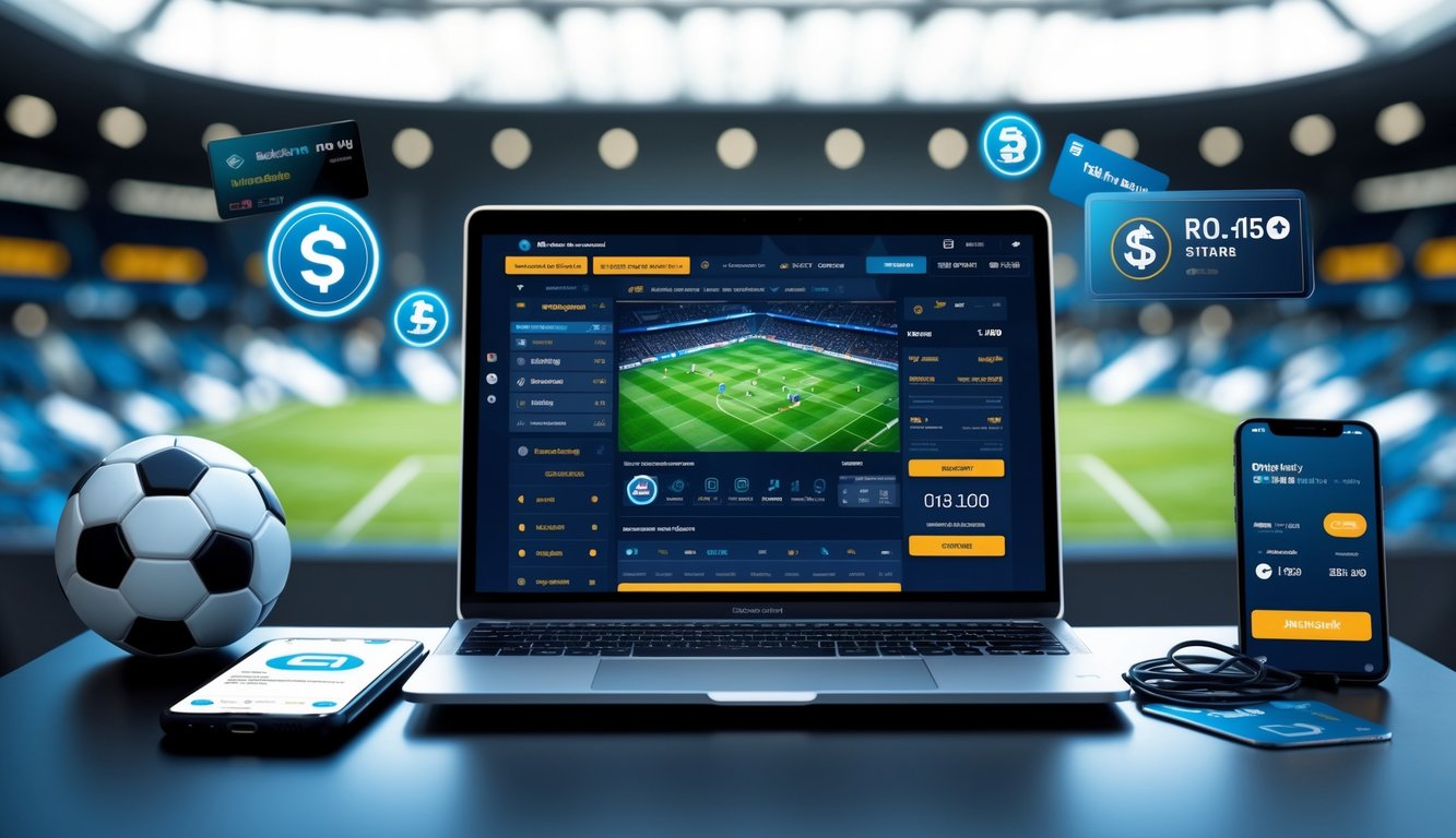 Seorang pria sedang menggunakan laptop dengan tampilan situs taruhan bola online, di meja terdapat ponsel dan kartu kredit, latar belakang menunjukkan suasana bertema sepak bola.