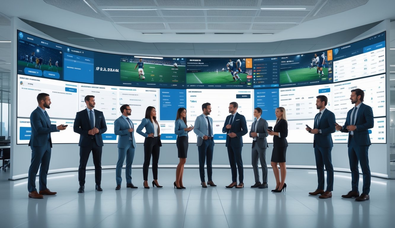 Orang-orang profesional menggunakan layar digital untuk taruhan bola dalam suasana kantor modern dan terang.