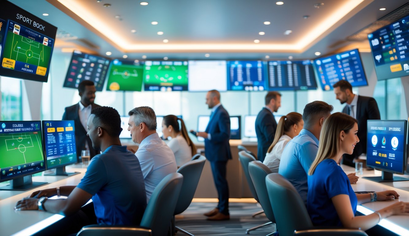 Orang-orang sedang menggunakan layar digital untuk memasang taruhan sepak bola dalam suasana lounge taruhan modern.