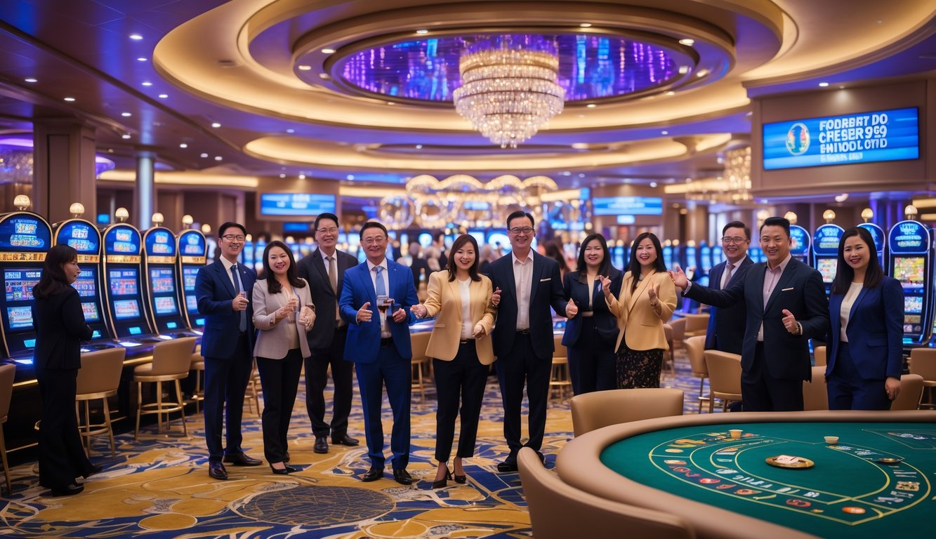 Suasana kasino mewah di Macau dengan orang-orang bermain dan merayakan kemenangan di meja permainan dan mesin slot.