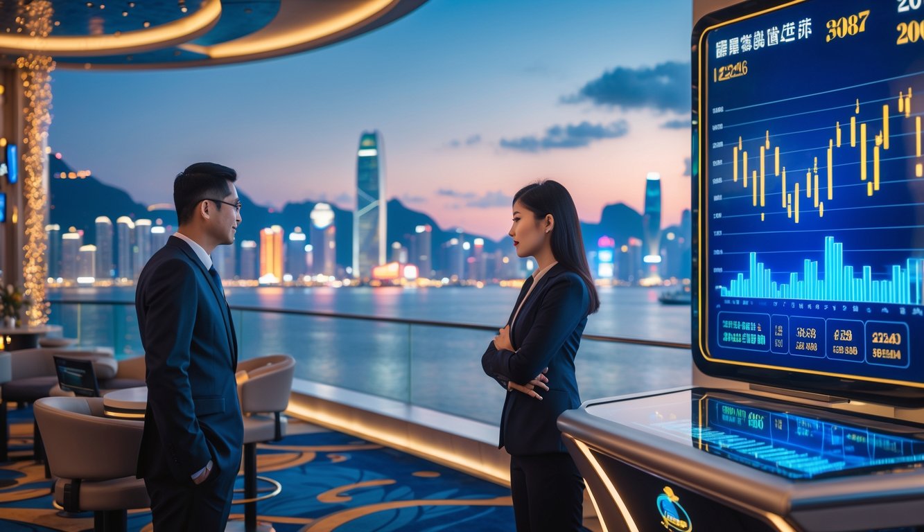 Pemandangan kasino modern dengan latar kota Macau yang terang di senja hari, menampilkan dua profesional Asia berdiri di depan papan digital dengan grafik dan simbol taruhan.