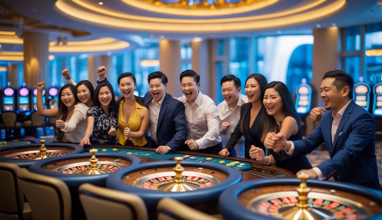 Orang-orang bermain dan merayakan kemenangan besar di kasino mewah dengan mesin slot dan meja roulette di Macau.