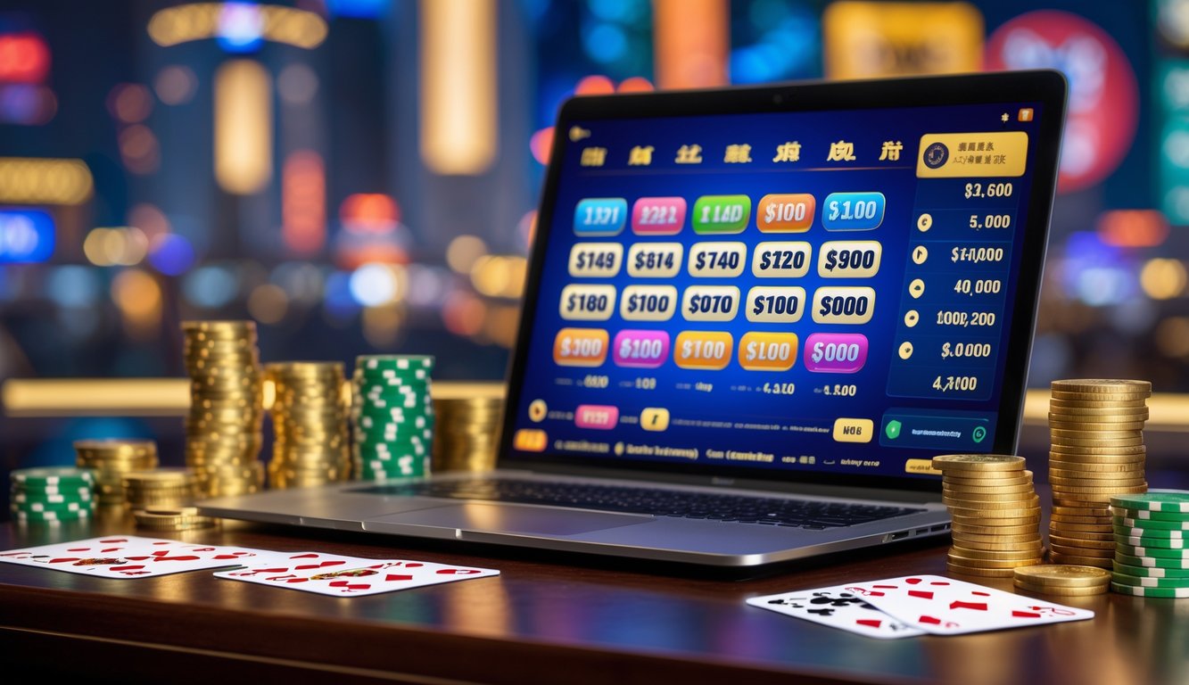 Sebuah meja dengan komputer menampilkan antarmuka taruhan togel Macau, dikelilingi chip kasino dan koin emas dengan latar belakang samar gedung kasino Macau.
