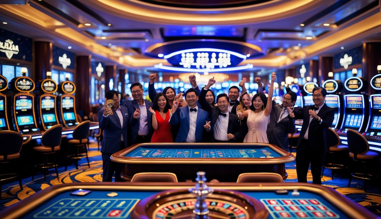Suasana ramai di dalam kasino mewah Macau dengan orang-orang bermain mesin slot dan meja roulette, tampak gembira merayakan kemenangan besar.