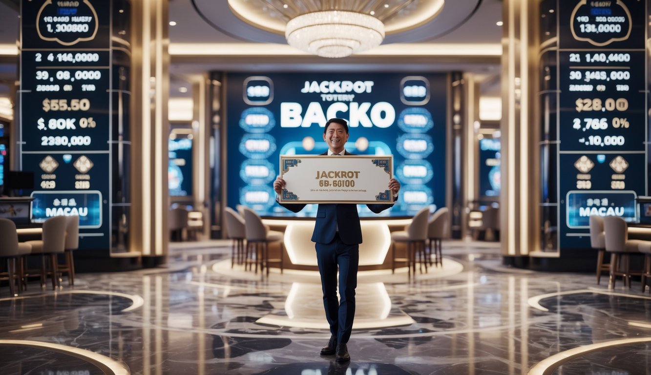 Seorang pria berpakaian rapi merayakan kemenangan besar di kasino modern dengan latar pemandangan kota Macau dan layar digital menampilkan angka jackpot.