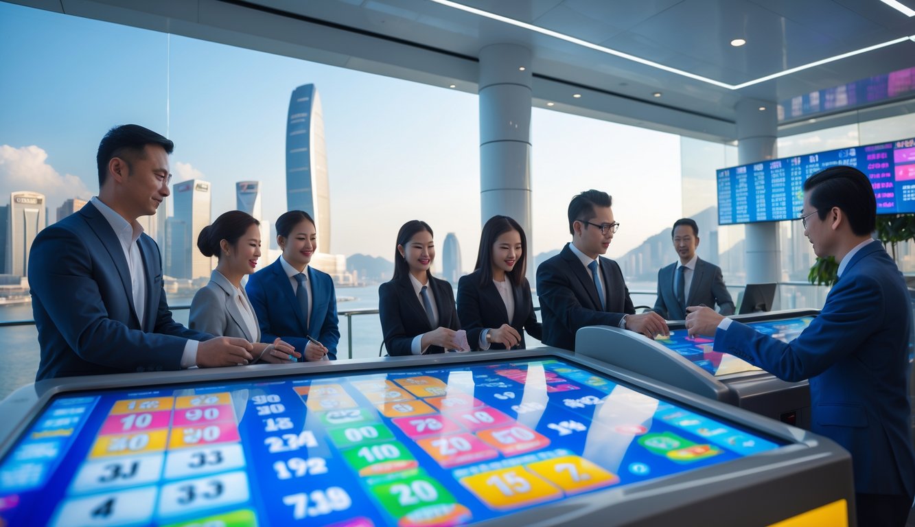 Orang-orang di kantor lotere modern di Macau dengan layar digital menampilkan angka dan hadiah, latar belakang menampilkan pemandangan kota Macau.