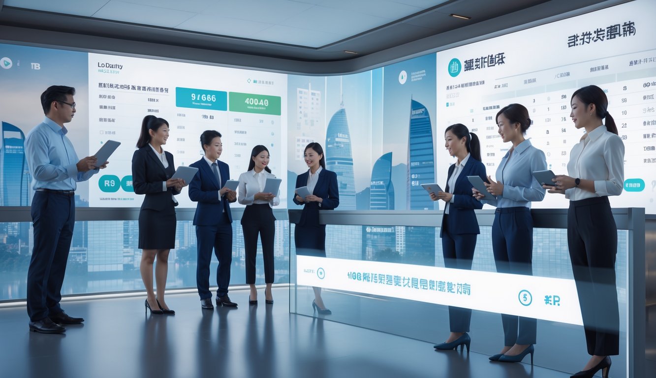 Sejumlah profesional sedang bekerja di kantor lotere Macau dengan layar digital menampilkan angka dan statistik pembayaran.