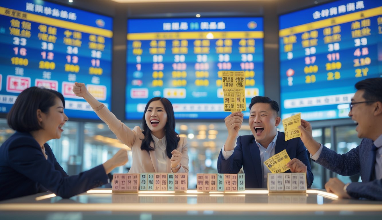 Orang-orang di kantor lotre modern di Macau merayakan kemenangan besar dengan ekspresi gembira, di latar belakang terlihat arsitektur kota Macau.