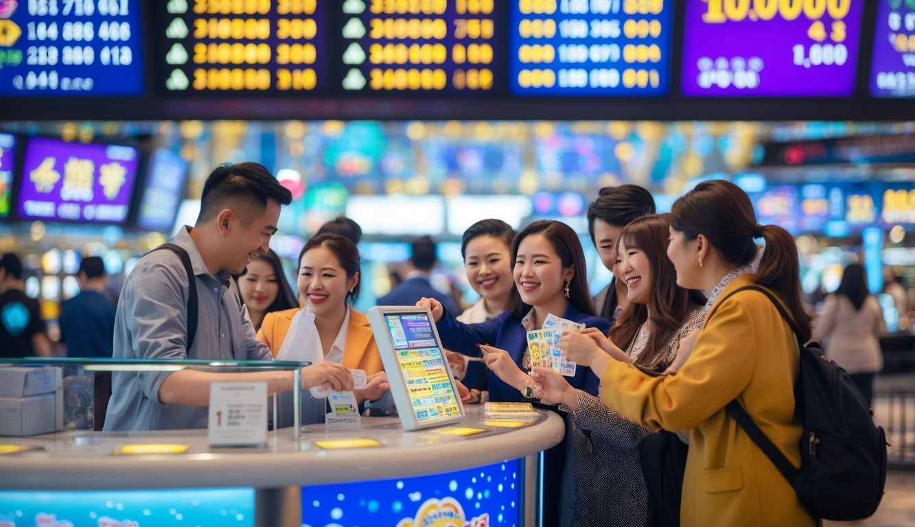 Orang-orang sedang berpartisipasi dalam lotere di sebuah konter modern dengan layar digital dan latar belakang kota Macau.