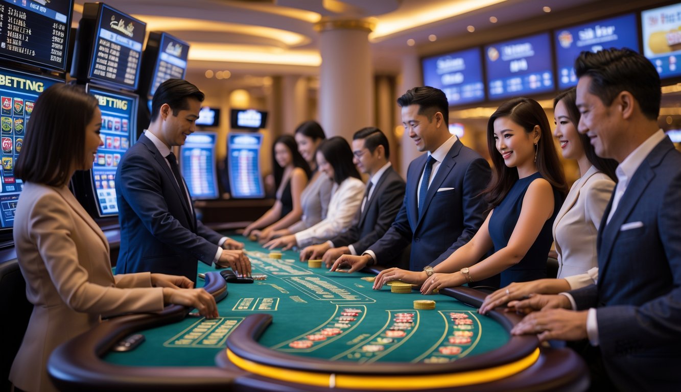 Orang-orang berpakaian rapi sedang memasang taruhan di dalam kasino mewah di Macau dengan suasana yang modern dan terang.