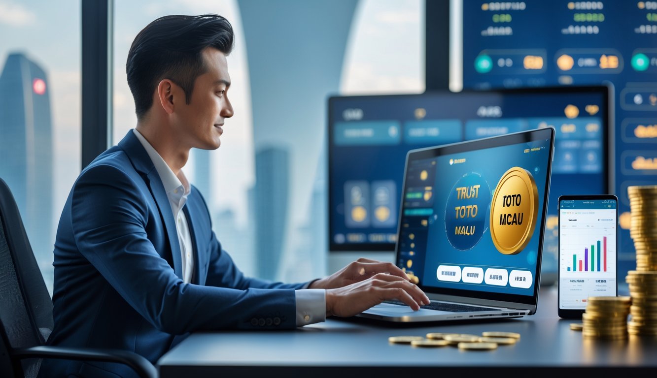 Seorang profesional menggunakan laptop di kantor modern dengan pemandangan kota Macau di latar belakang.