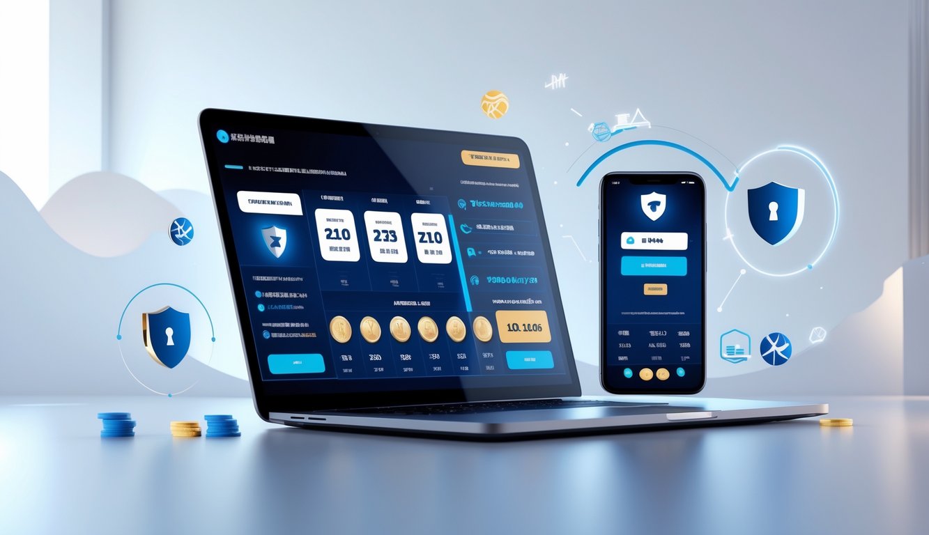 Tampilan perangkat digital dengan antarmuka sistem lotere dan pembayaran cepat yang aman.