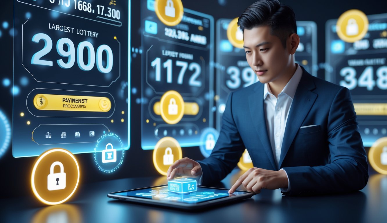 Seorang pria Asia berpakaian rapi menggunakan tablet di depan layar digital dengan angka lotere dan simbol keamanan di latar belakang.