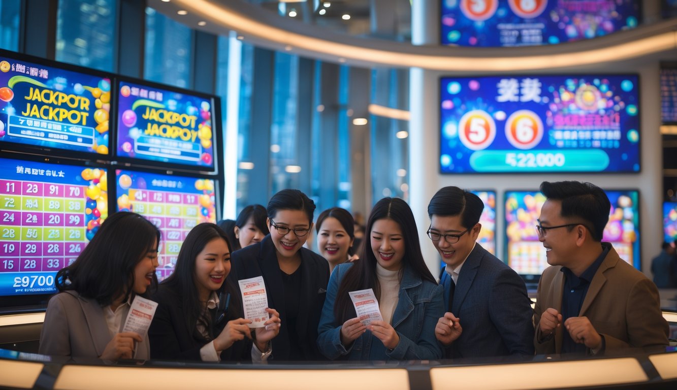 Orang-orang di pusat lotere modern di Macau sedang memeriksa tiket dan hasil jackpot dengan latar belakang pemandangan kota.