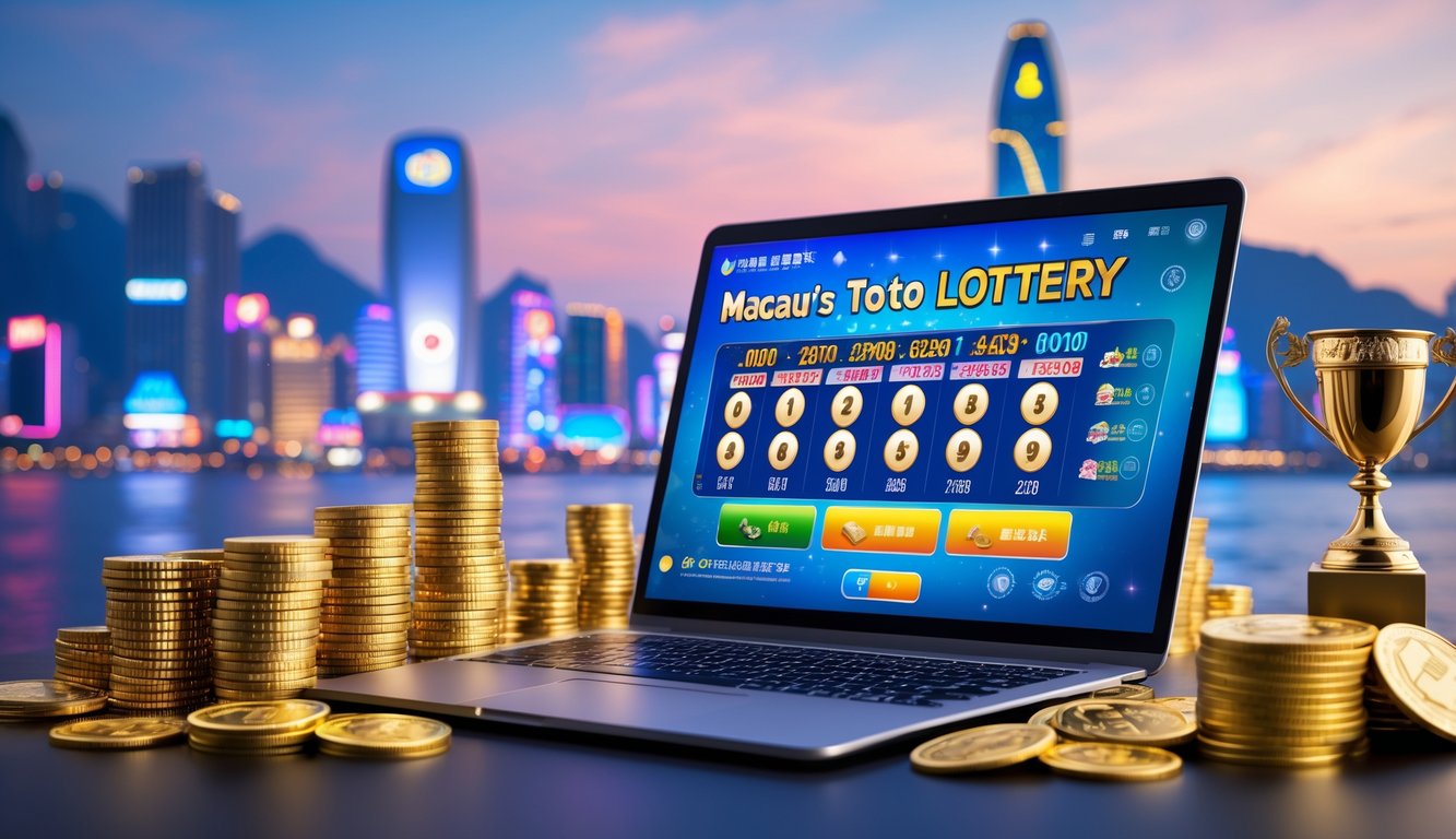 Meja kerja dengan komputer menampilkan antarmuka lotere, tumpukan koin emas, chip kasino, dan latar belakang kota Macau dengan gedung kasino terkenal.