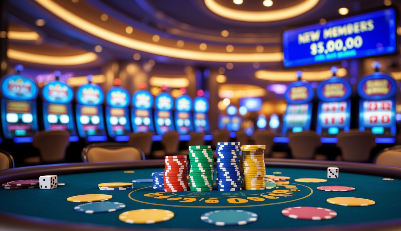 Suasana kasino mewah dengan meja permainan, chip poker berwarna-warni, dan layar digital yang menunjukkan hadiah besar dan bonus.