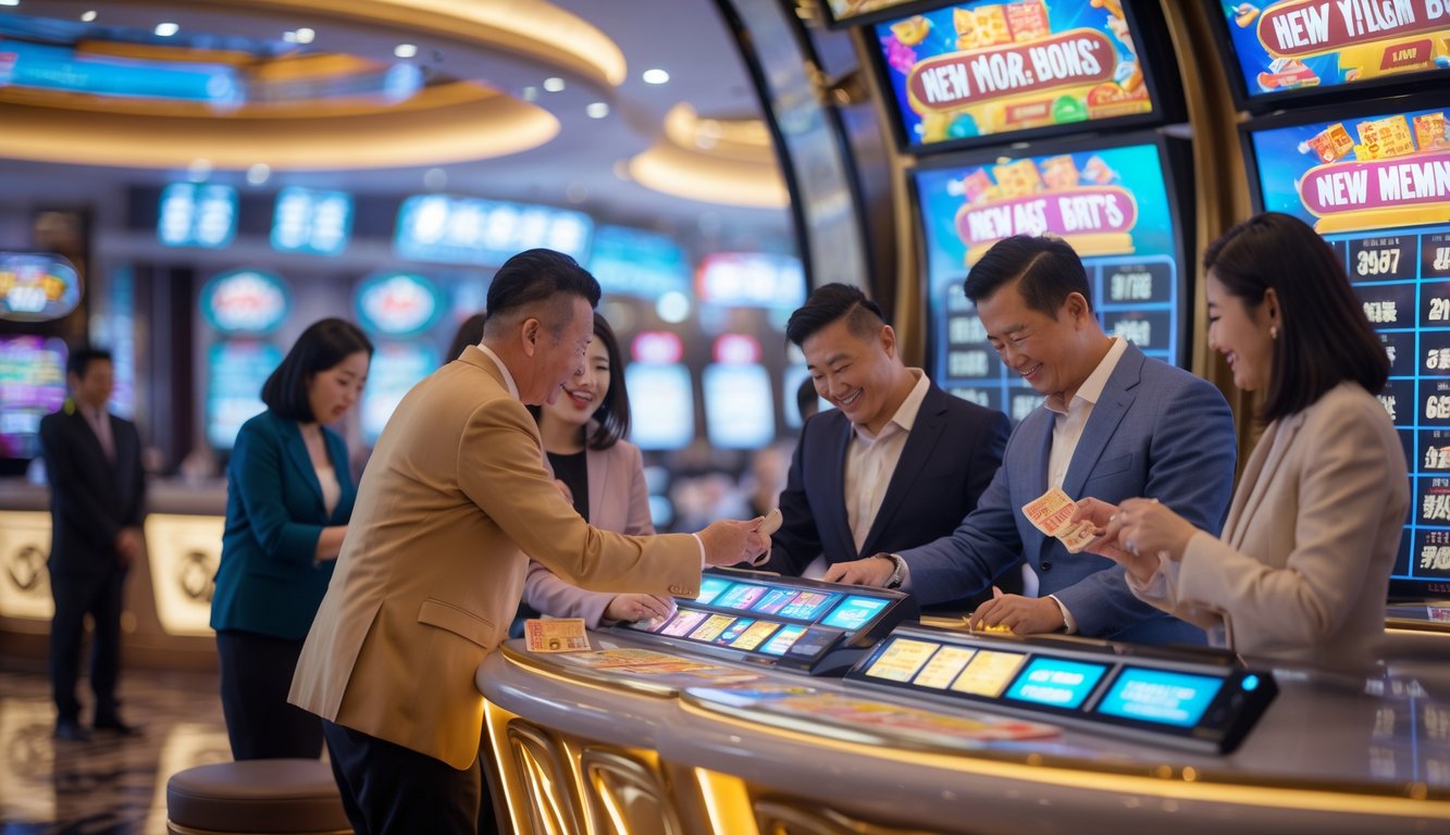 Orang-orang di sebuah konter lotere modern dengan latar belakang pemandangan kota Macau, menunjukkan suasana antusias dan interaksi terkait hadiah besar dan bonus anggota baru.