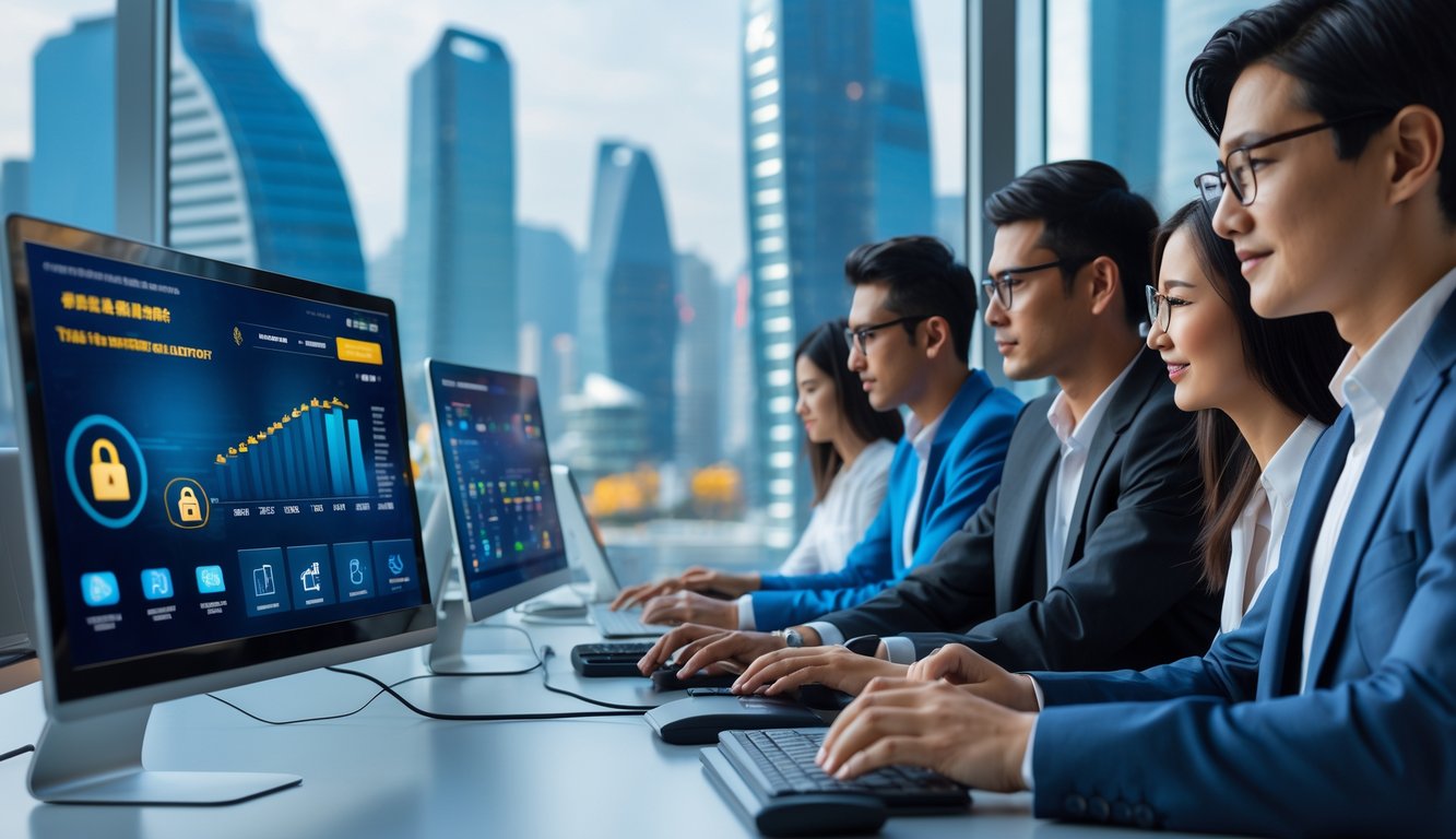 Sekelompok profesional muda bekerja dengan perangkat digital di kantor modern dengan latar belakang kota Macau.