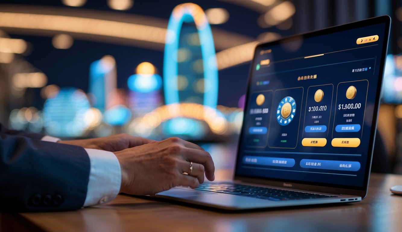 Seseorang menggunakan laptop di meja kerja dengan latar belakang kota Macau yang samar, menunjukkan suasana terpercaya dan mudah dalam melakukan transaksi.