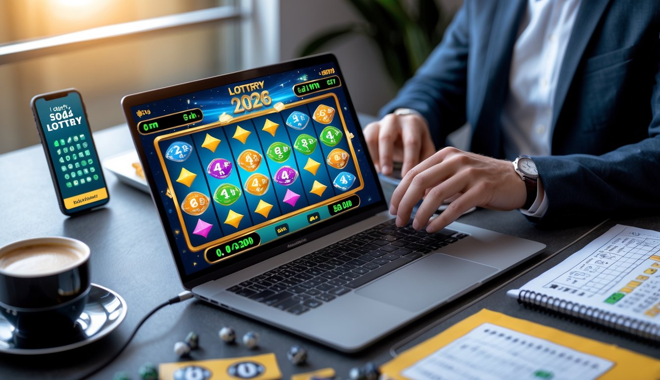 Seseorang menggunakan laptop dengan tampilan permainan slot dan angka togel, di meja kerja dengan ponsel, kopi, dan catatan.