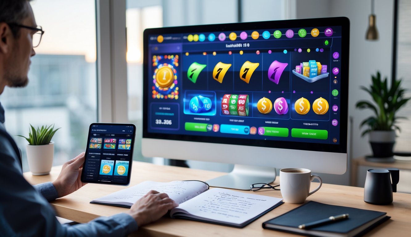 Sebuah ruang kerja modern dengan komputer dan ponsel yang menampilkan grafik dan ikon permainan togel serta slot, dengan suasana fokus dan terorganisir.