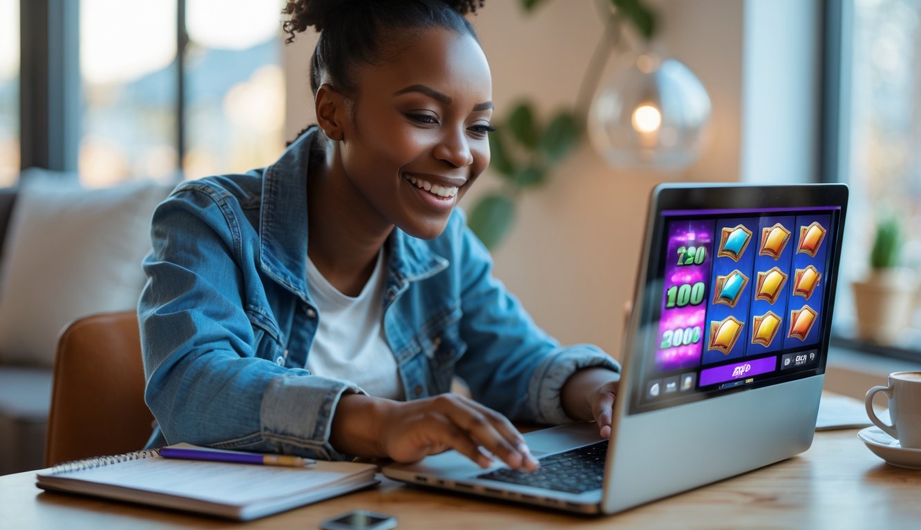 Seorang pemula muda sedang bermain permainan slot online di laptop dengan ekspresi percaya diri di sebuah ruangan yang nyaman dan terang.