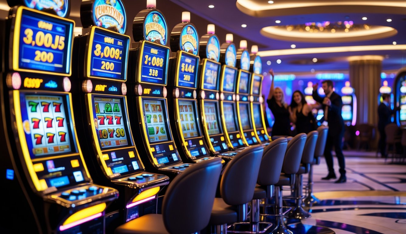 Orang-orang bermain mesin slot di dalam kasino modern dengan lampu berwarna-warni dan suasana yang meriah.