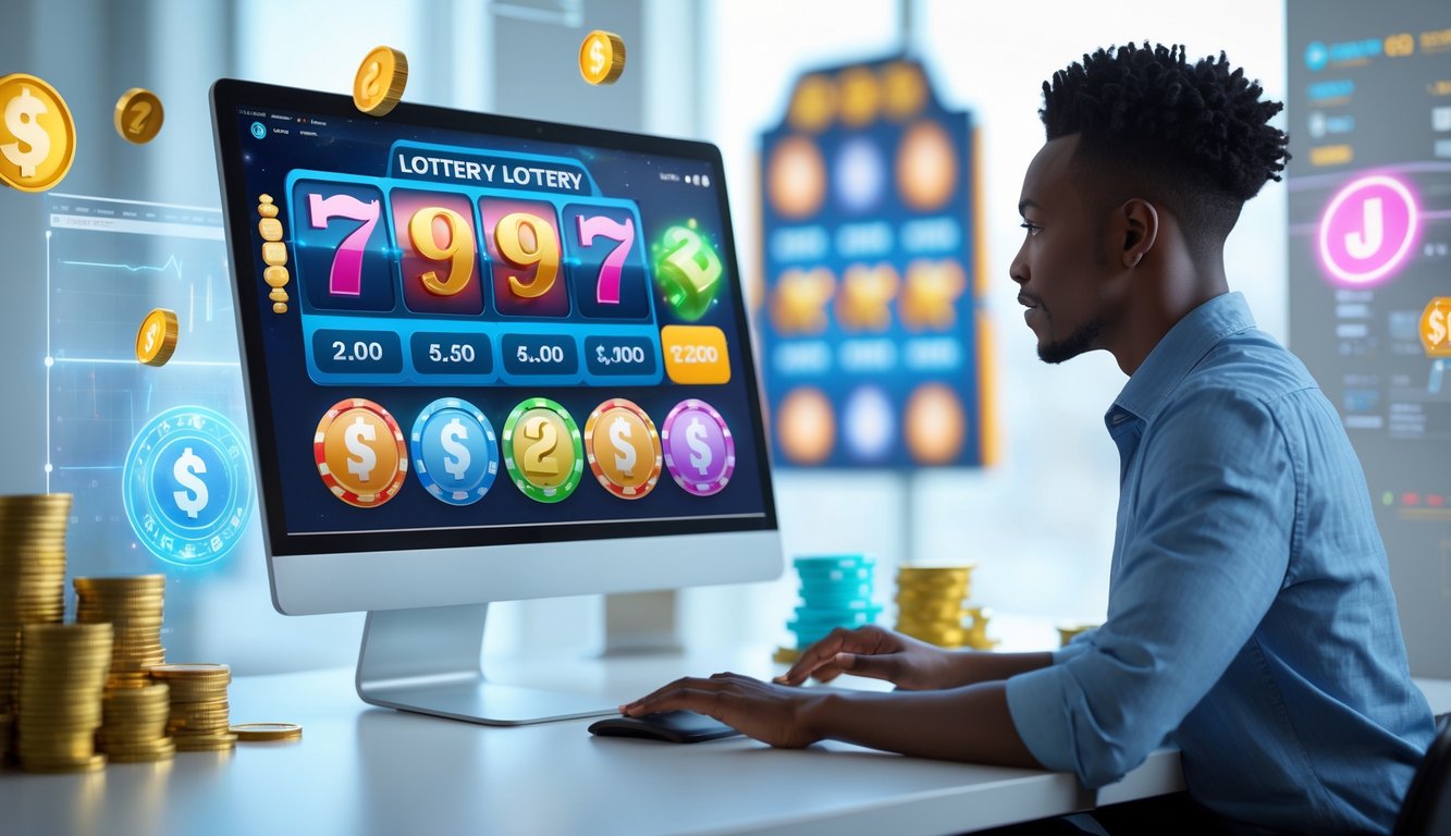 Seorang dewasa sedang menggunakan komputer dengan tampilan grafik togel dan slot jackpot di layar dalam ruang kerja modern.