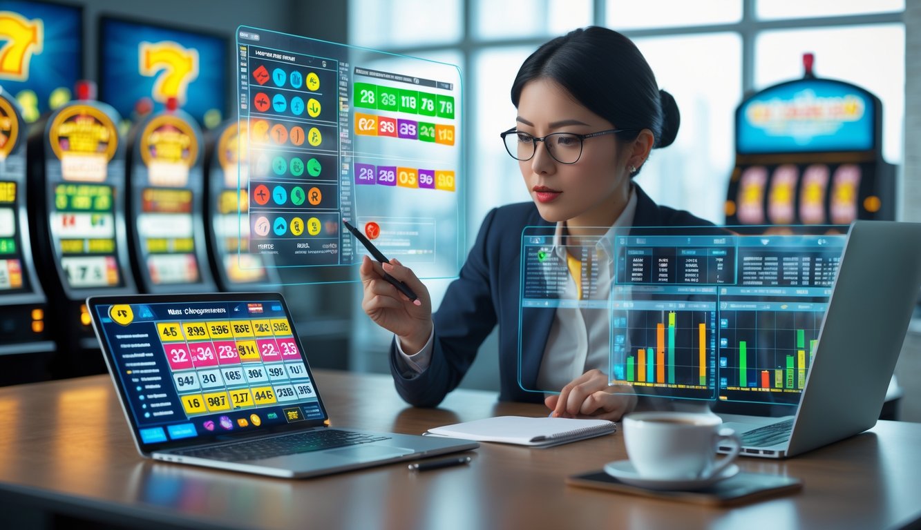 Seseorang sedang fokus menganalisis pola mesin slot dan angka togel di layar digital di sebuah kantor modern.