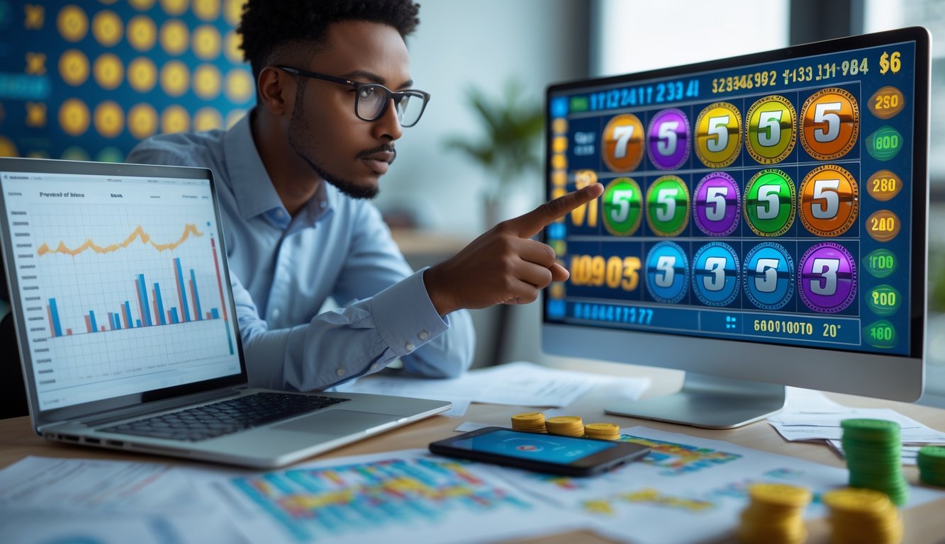 Seseorang sedang fokus menganalisis pola pada layar komputer dengan gambar mesin slot dan angka togel di ruang kerja modern.