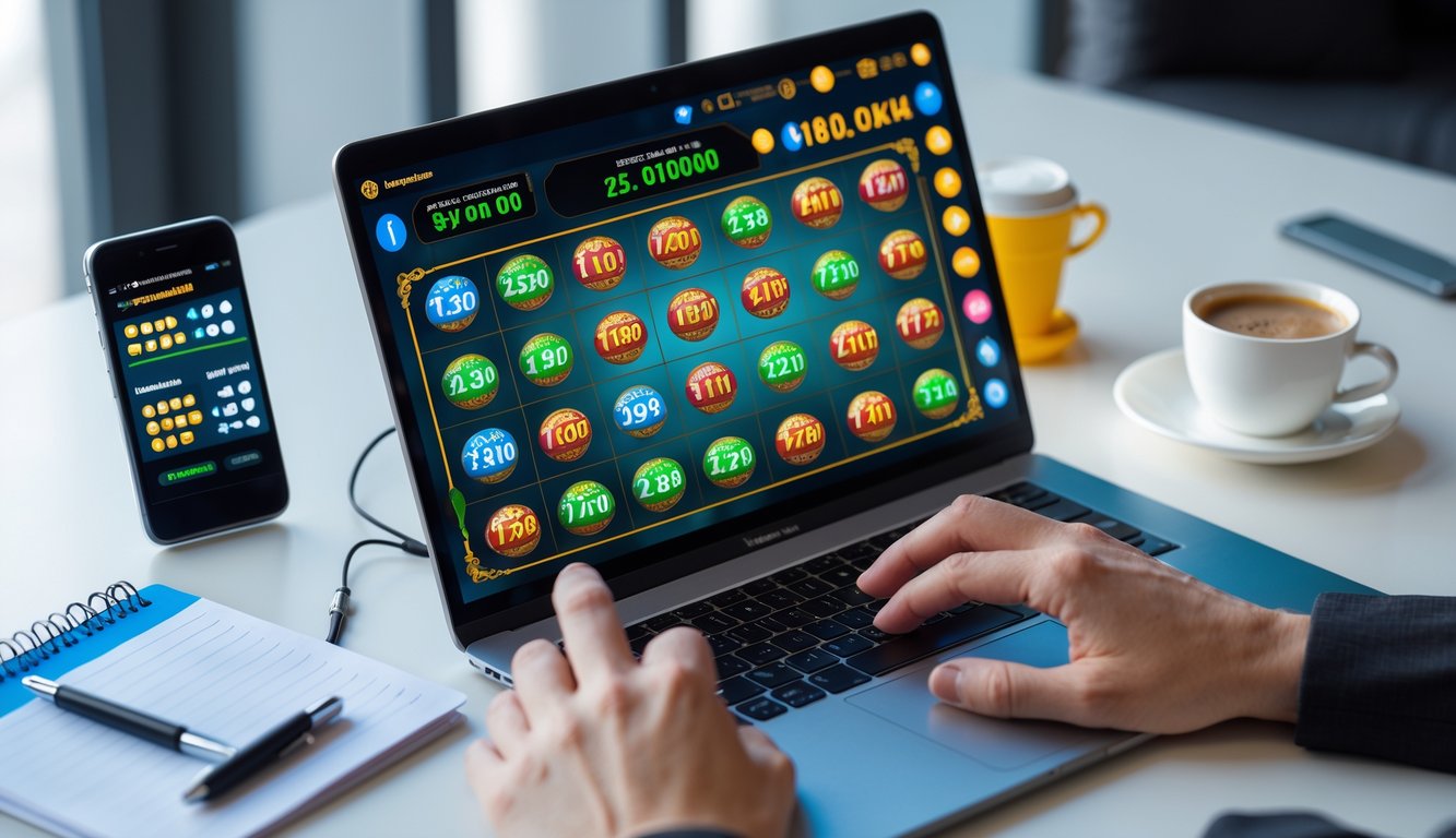 Seseorang menggunakan laptop dengan tampilan permainan slot dan angka togel di layar dalam suasana kerja yang rapi.