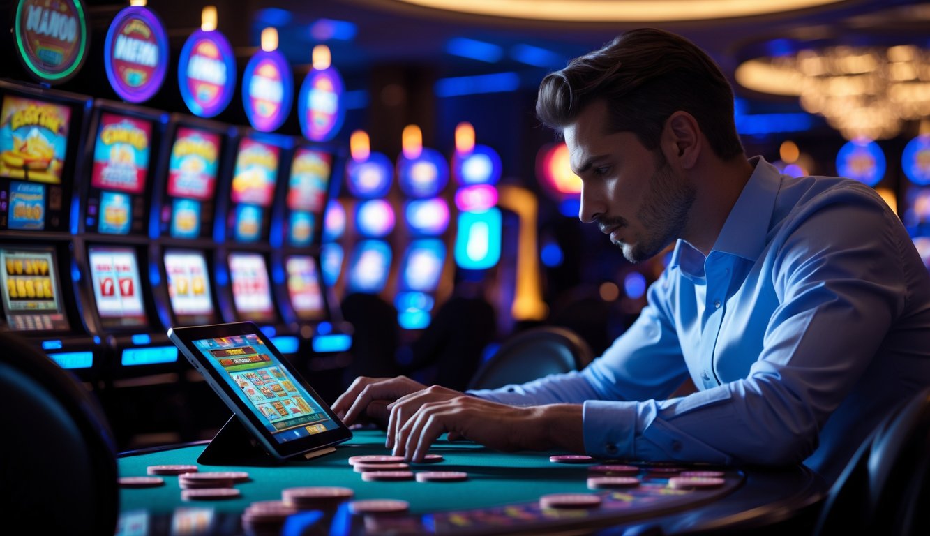 Seorang pemain fokus menggunakan tablet di depan mesin slot yang menyala di kasino pada malam hari.