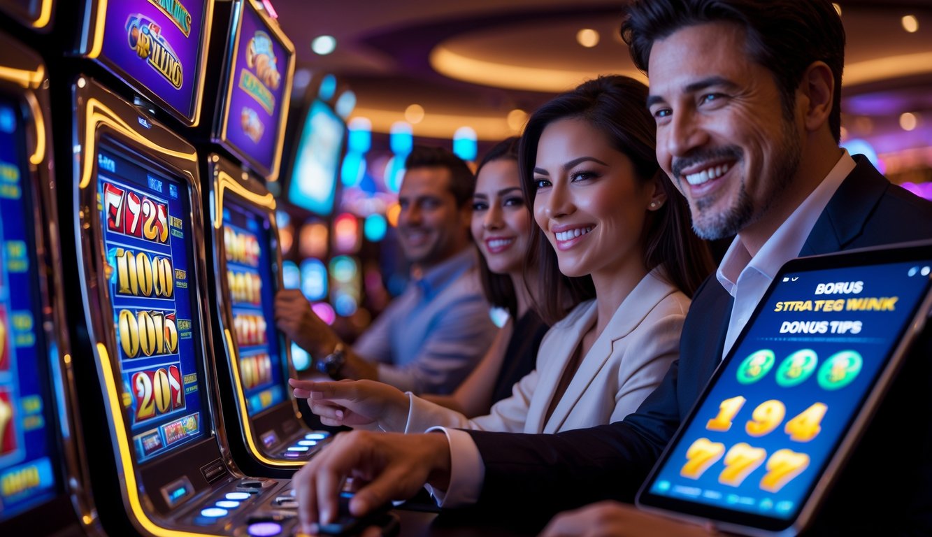 Dua orang dewasa bermain mesin slot di kasino malam hari dengan suasana cerah dan peralatan digital di dekatnya.