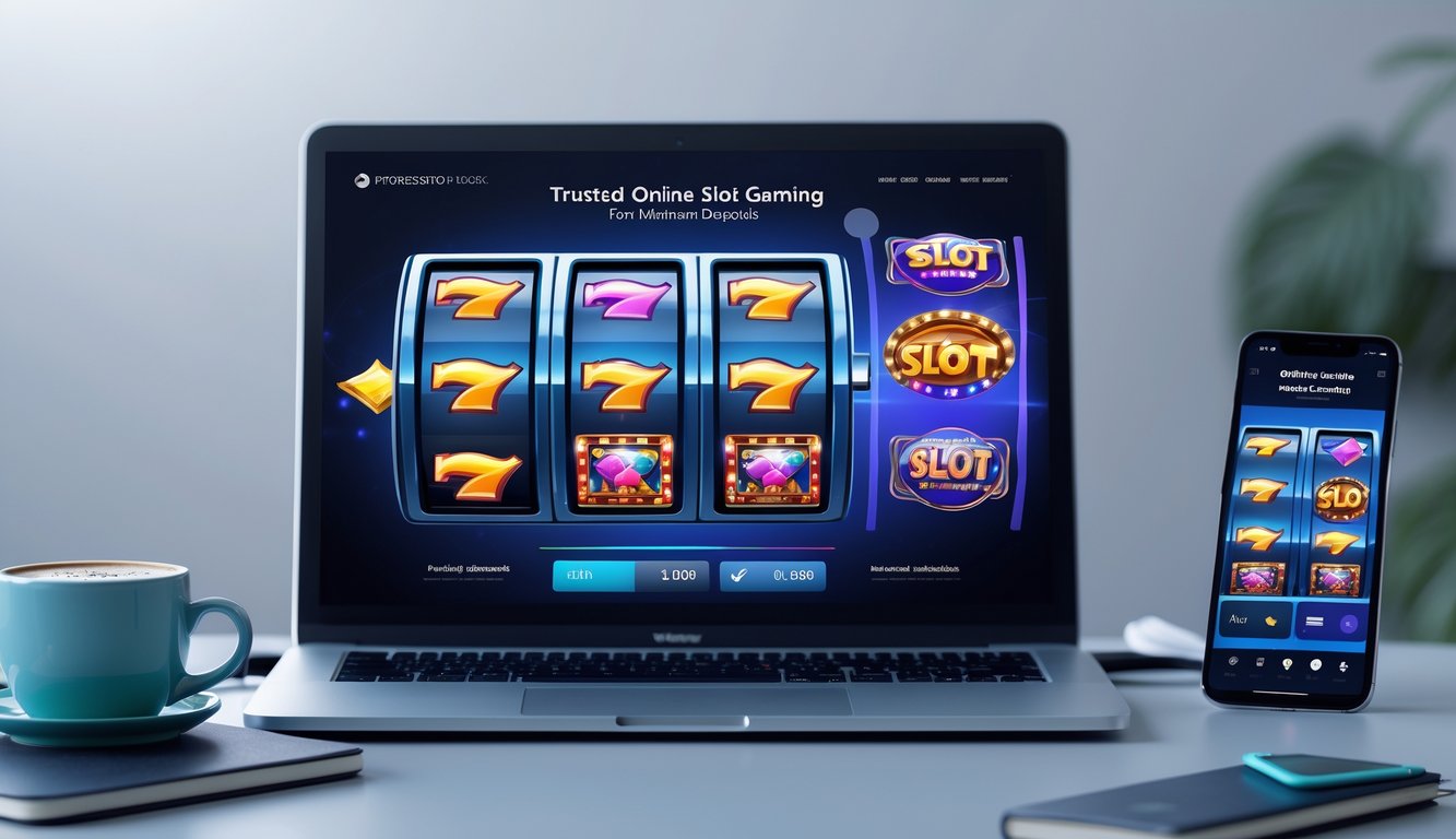 Seorang pengguna sedang bermain permainan slot online di laptop dan ponsel di meja kerja yang rapi.