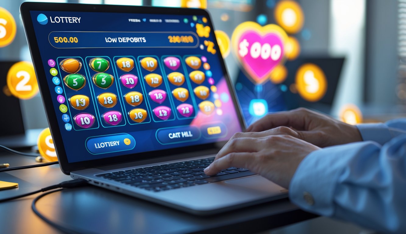 Seseorang menggunakan laptop di meja kerja dengan tampilan permainan slot online dan angka togel di layar.