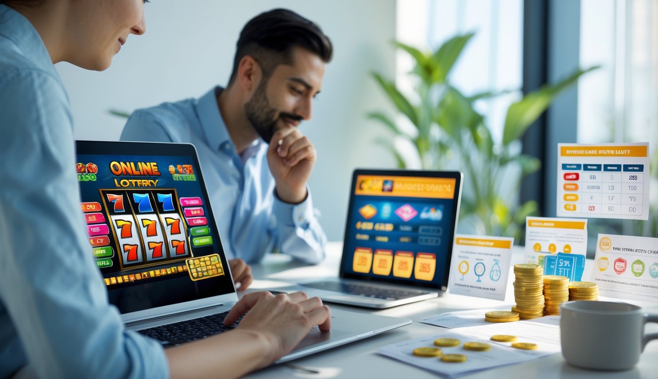 Seseorang duduk di depan laptop yang menampilkan permainan slot online dengan catatan dan token di meja, menunjukkan suasana belajar dan bermain permainan togel dan slot.