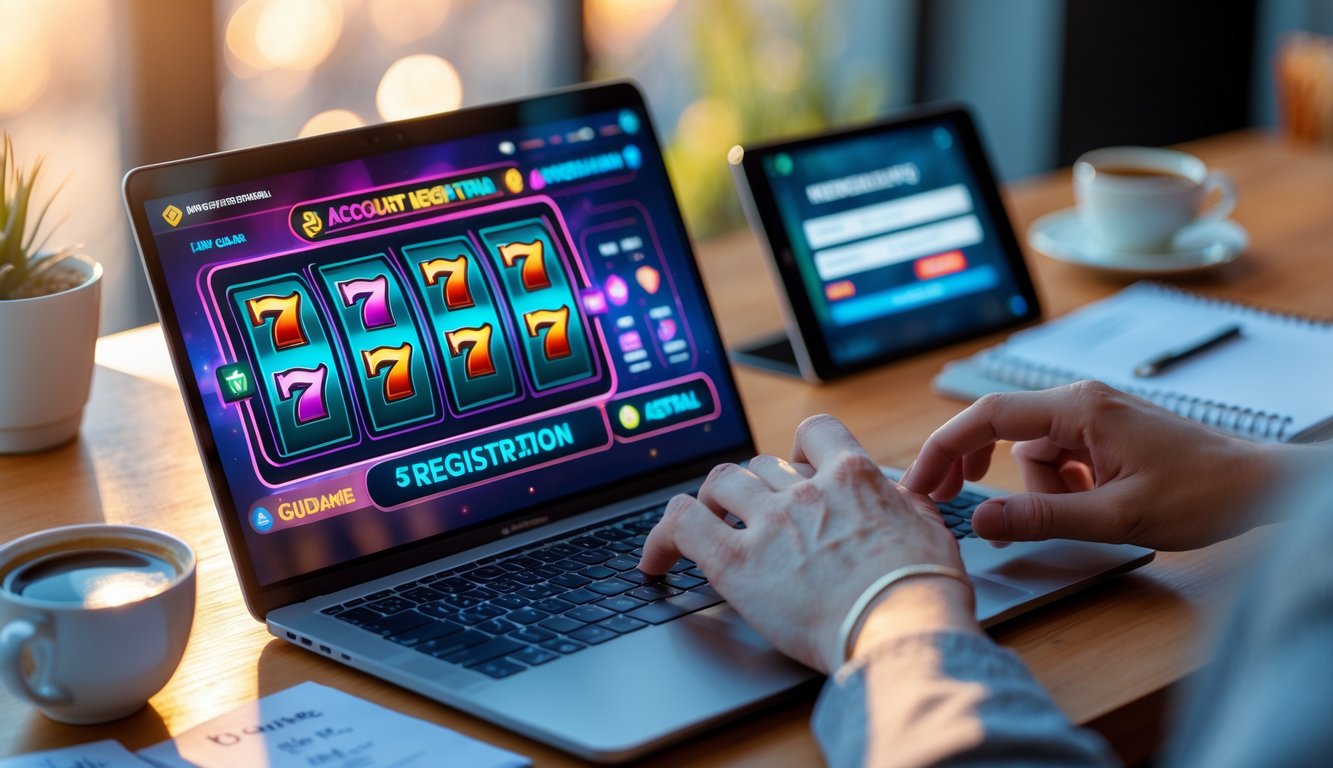 Meja kerja dengan laptop menampilkan permainan slot online, tangan orang sedang menggunakan laptop, dan beberapa perangkat serta catatan di sekitarnya.