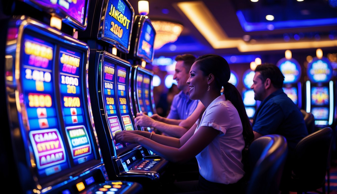 Suasana malam di kasino dengan mesin slot yang menyala dan orang-orang sedang bermain dengan antusias.