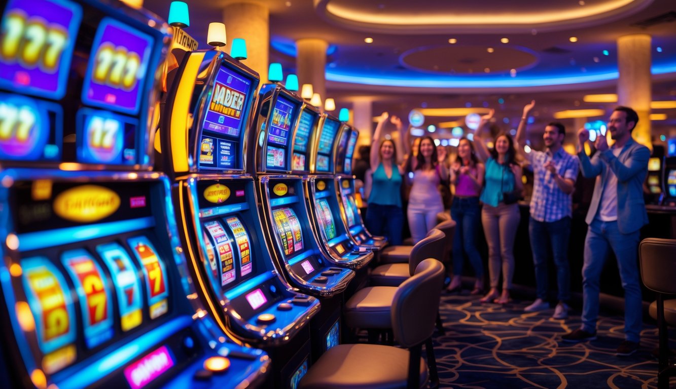 Suasana malam di kasino dengan beberapa mesin slot berwarna cerah dan orang-orang yang tampak antusias bermain dan menonton.